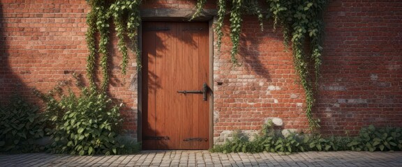 Fototapeta premium Rustic red brick wall with old wooden door and vines , rustic, door