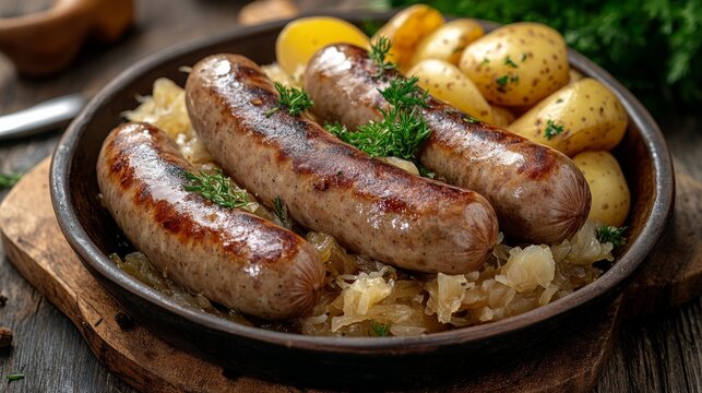 Traditional German bratwurst with sauerkraut and potatoes. Featuring a hearty and savory dish. Highlighting the texture and flavors of the bratwurst. Ideal for food and cultural themes.