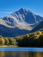 Naklejka premium Breathtaking Mountain Landscape with Clear Blue Sky and Scenic Reflections on Water : Generative AI