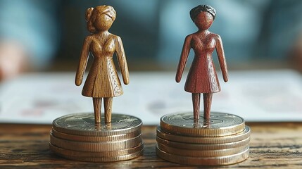 Wooden women figurines on coins, gender pay gap concept