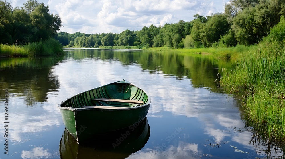 Poster calm boat anchored in a serene river surrounded by lush greenery : generative ai