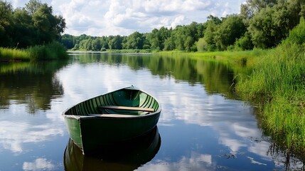 Obraz premium Calm boat anchored in a serene river surrounded by lush greenery : Generative AI