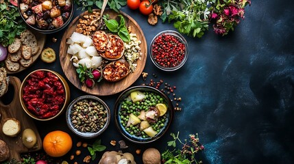 Fototapeta premium Vibrant assortment of fresh organic food with fruits vegetables nuts and herbs on dark background : Generative AI