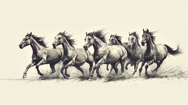A striking black and white digital illustration of six powerful horses galloping forward, their manes flowing in the wind. The detailed shading and movement create a dramatic effect. AI generated.