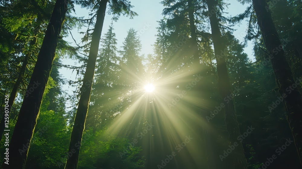 Poster sunlight streaming through tall trees in a serene forest setting