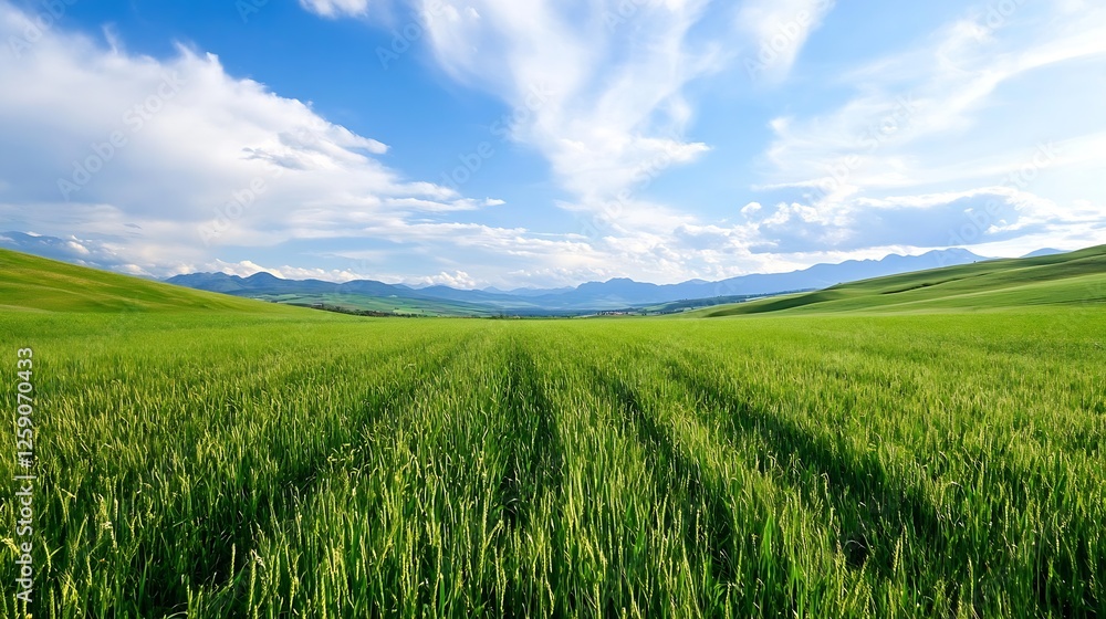 Poster lush green rice field under bright blue sky with scenic mountains in the background for summer vibes