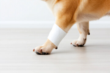 Corgi dog with bandage on leg, showcasing veterinary care for injured puppy and health recovery