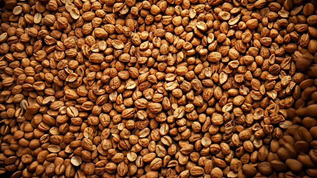 A surface densely covered with roasted peanuts, filling every inch of the frame with their crunchy, golden-brown texture and earthy tone.