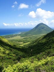 Fototapeta premium Breathtaking Panoramic View of Lush Green Valley and Mountain Against Clear Blue Sky : Generative AI