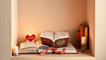 Romantic Bookshelf Still Life Love Candles and Literature