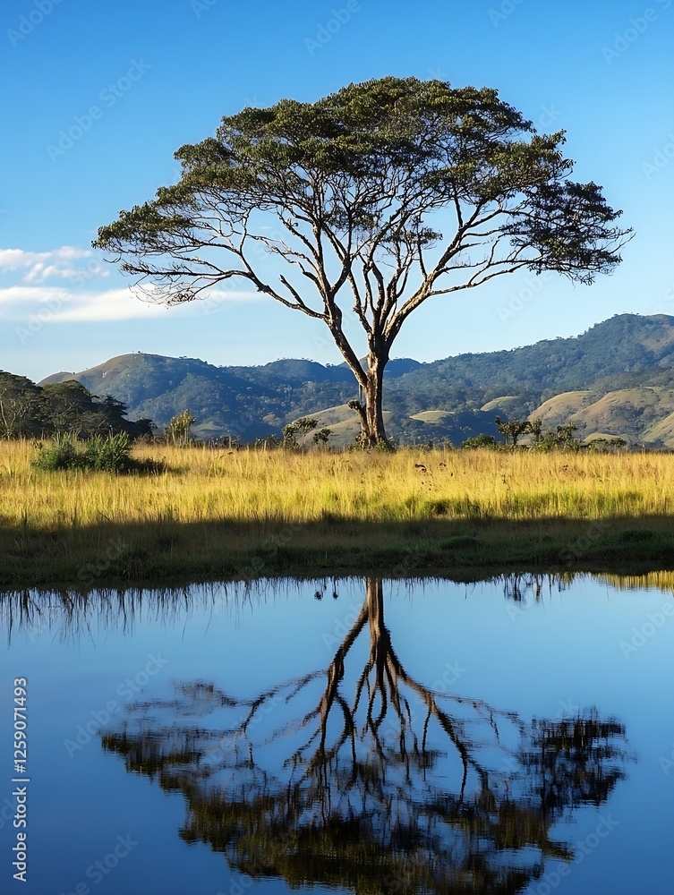 Poster majestic lonely tree reflected in calm water at dusk : generative ai