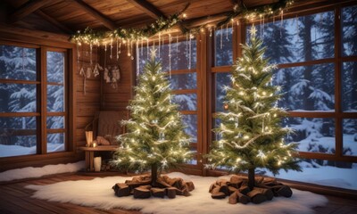 Snowy Christmas tree decorated with snowflakes and icicles in a cozy cabin setting,  icy,  cabin