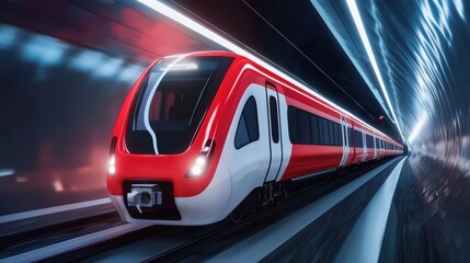 Obraz premium High-Speed Red Train Traveling Through Modern Tunnel Environment