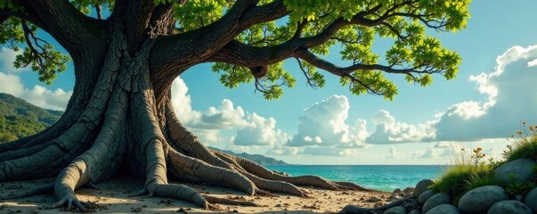 Ancient tree roots and gnarled branches stretching into the sky, tree, nature