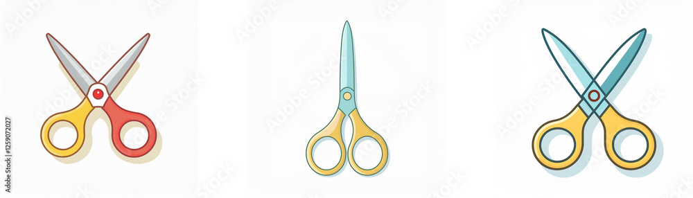 Poster three scissors are displayed in a row. each scissor is a different color and is in a slightly differ