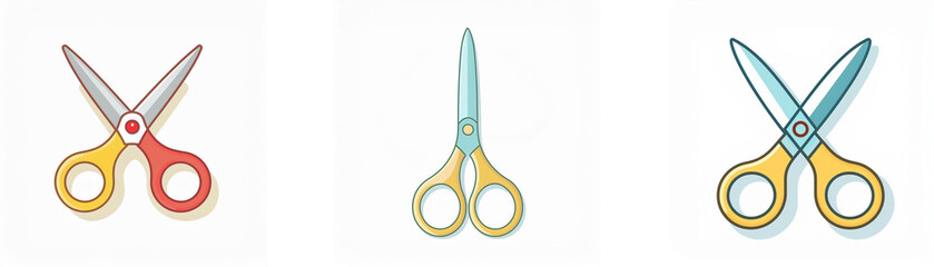 Fototapeta premium Three scissors are displayed in a row. Each scissor is a different color and is in a slightly different position.