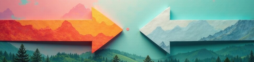 Arrows of paper diverging in opposite directions over a serene landscape, choice, symbol