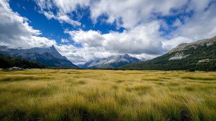 Fototapeta premium Scenic panoramic view of mountainous landscape with lush green fields under a dramatic cloudy sky : Generative AI