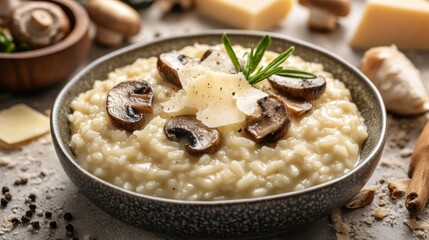 Traditional Italian risotto with mushrooms and parmesan. Featuring a creamy and flavorful dish. Highlighting the texture and flavors of the risotto. Ideal for food and cultural themes.