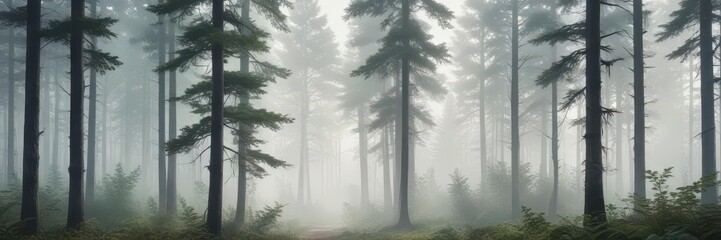 Soft watercolor painting of a serene forest scene with tall trees and a misty background,  scenery,  mist