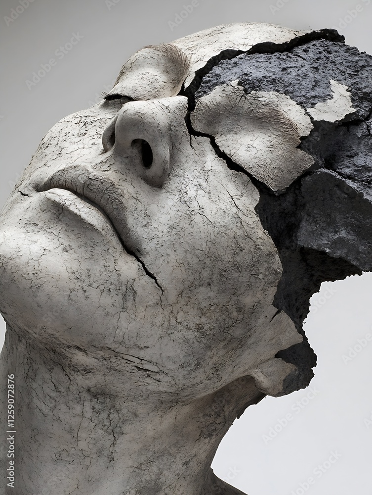 Poster abstract sculpture of a woman's face with cracked texture symbolizing transformation : generative ai