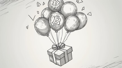 A detailed black-and-white sketch of Bitcoin-branded balloons carrying a gift box. The artistic style blends finance and celebration, making it an intriguing visual for crypto enthusiasts. AI
