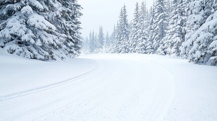Fototapeta premium Snowy ski trail through snowy pine forest. Possible use for winter sports background