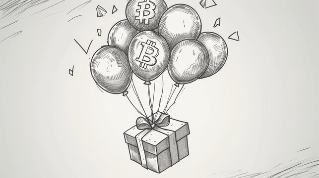 A detailed black-and-white sketch of Bitcoin-branded balloons carrying a gift box. The artistic style blends finance and celebration, making it an intriguing visual for crypto enthusiasts. AI