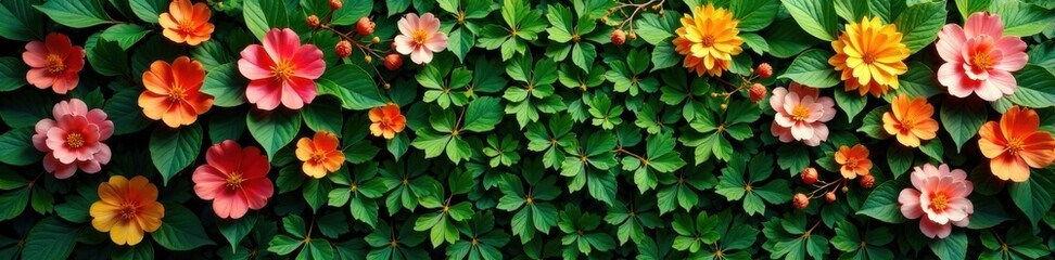 Artificial flower wall with greenery backdrop, decoration, background, garden