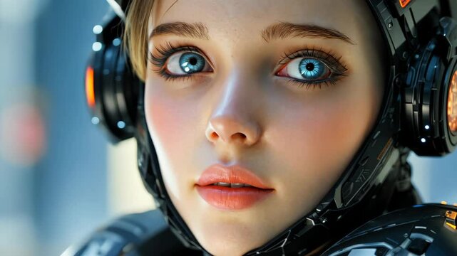 A closeup of a humanlike female android, showcasing advanced AI integration and a sleek design in soft daylight.