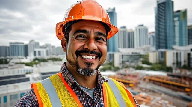 Hispanic civil engineer beams at a highrise site, symbolizing teamwork as engineers and architects discuss building progress.