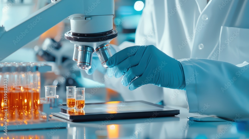 Poster scientist using microscope for laboratory experiment with samples