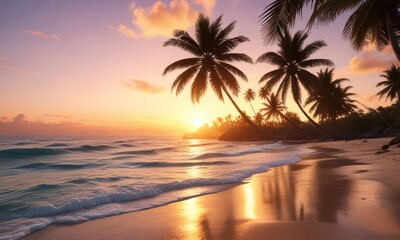 Sunset on tropical ocean beach with palm trees,  colors,  vibrant