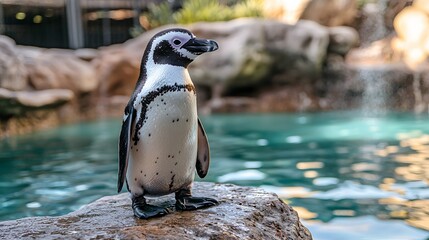 Penguin standing on rock with crystal-clear blue pool in background. Natural reserve and wildlife