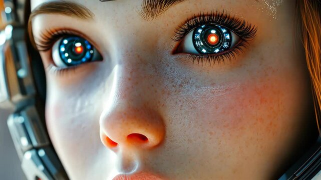 A closeup of a humanlike female android, showcasing advanced AI integration and a sleek design in soft daylight.