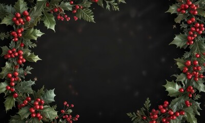 Fototapeta premium Swirl ribbons and stars on black background with festive holly leaves and berries, winter wonderland, dark background