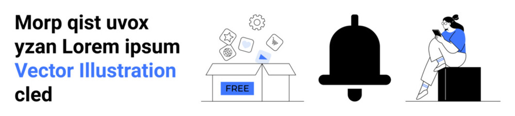 Box labeled FREE with floating digital content icons, large black notification bell, woman reading on a platform. Ideal for communication, notifications, content sharing, online education, digital