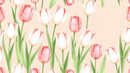Obraz premium Pastel Pink White Tulips Spring Floral Seamless Pattern