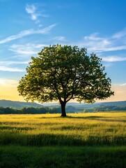 Majestic solitary tree standing in a golden field under a bright blue sky : Generative AI