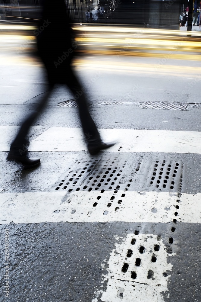 Poster Dynamic scene of a blurred pedestrian walking across a city crosswalk with streaks of motion and traffic in the background : Generative AI