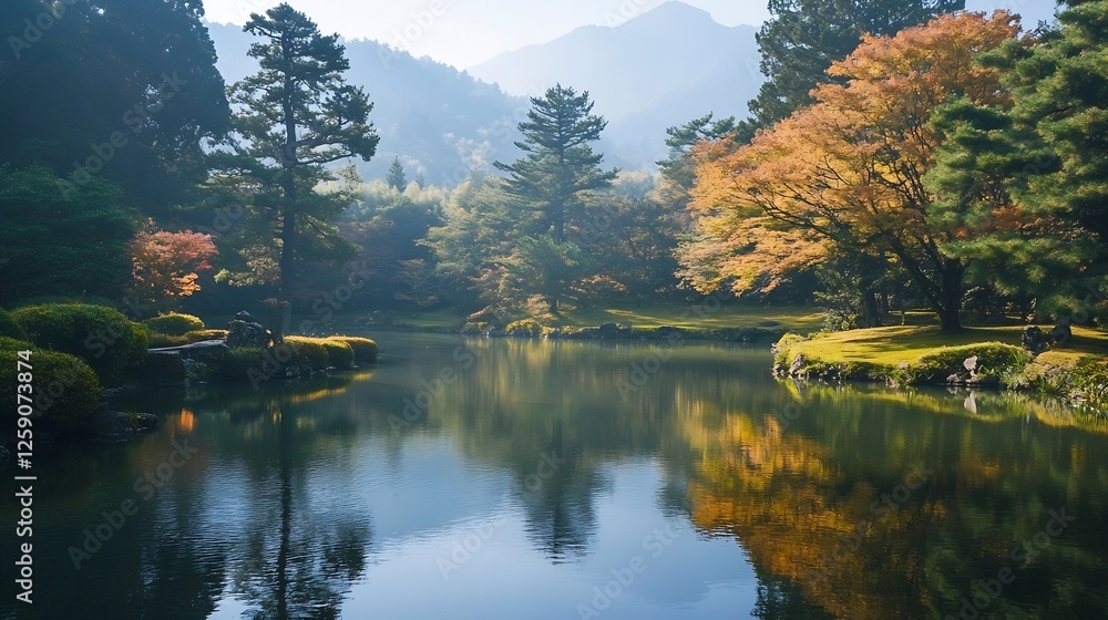 Poster serene autumn landscape with colorful trees and calm reflections in tranquil japanese garden : gener