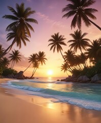 Fototapeta premium Tropical island landscape with palm trees and beach at sunset, sunset, beach