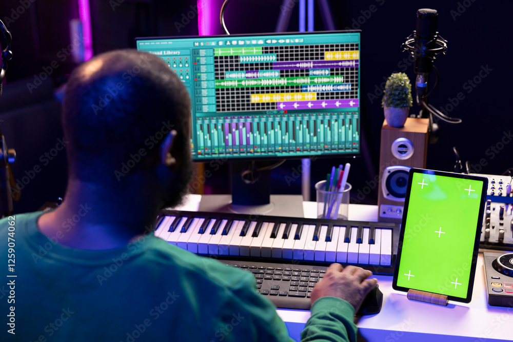 Poster artist producer creating new music with mix and master techniques, using a screen with copyspace lay