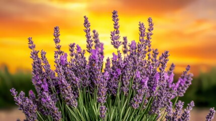 Fototapeta premium Beautiful Lavender Flowers Against a Sunset Sky Background