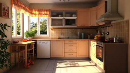 Sunny kitchen with wooden cabinets, tiled backsplash, and breakfast nook.