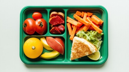 Healthy lunchbox with fruits, vegetables, and sandwich.