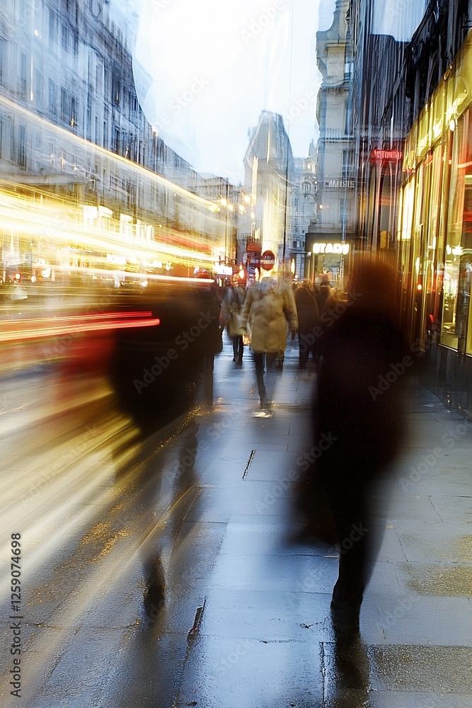Aufkleber dynamic city scene with blurred motion of people walking during evening hours for urban lifestyle re