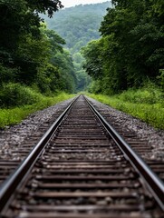 Obraz premium Picturesque Railway Tracks Surrounded by Lush Green Trees : Generative AI