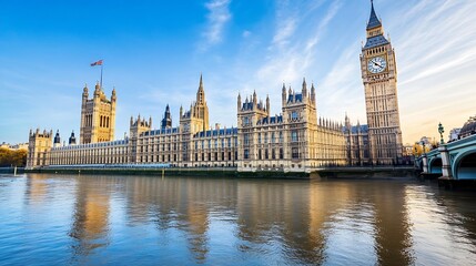 Fototapeta premium Iconic view of the Palace of Westminster under a clear blue sky with vibrant reflections in the river : Generative AI
