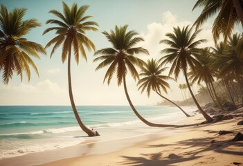 Vintage postcard style beach scene with palm trees and ocean ,  tropical beach,  distressed wood